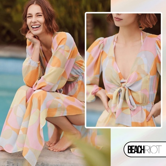 Beach Riot Waikiki Wave Cover Up Size XL Abstract Long Sleeve Maxi Summer Boho - Picture 2 of 4